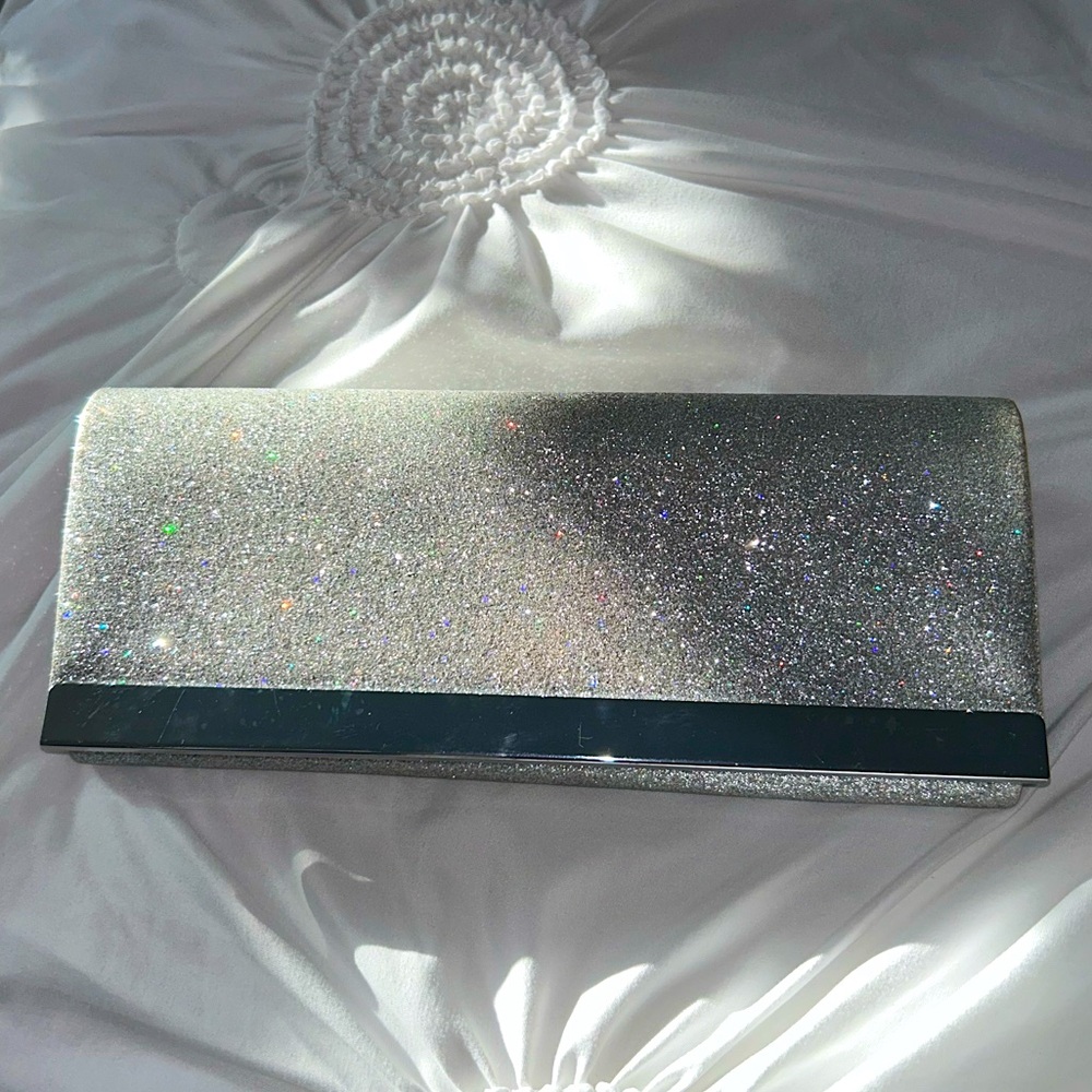 Nina Silver Glitter Formal Clutch Bag with Hot Pink Interior